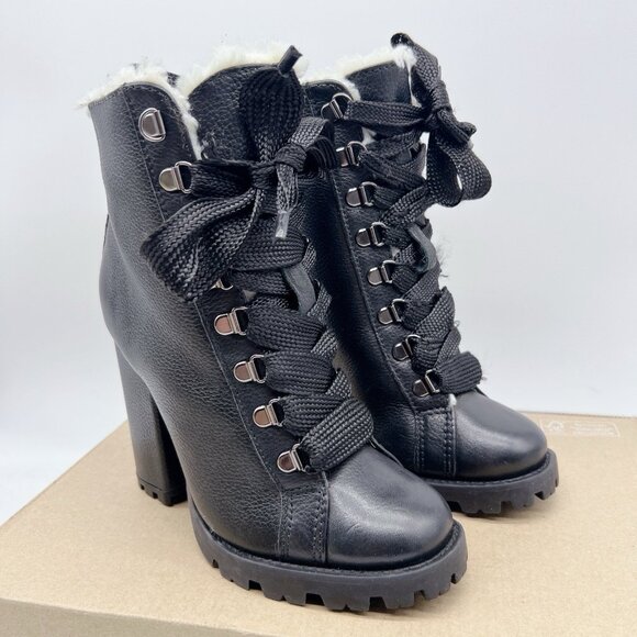 Schutz Zhara Combat Platform Heel Boots Black Leather Lace Up Shearling US 5.5 - Picture 5 of 13